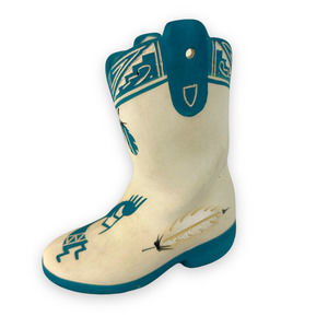 VTG Southwest Pottery Kokopelli Cowboy Boot Feather Turquoise Blue Cream Vase
